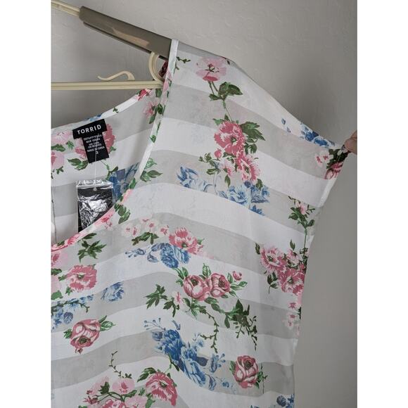 Torrid Striped Floral Sheer Button Back Top white gray pink blue - Picture 6 of 7
